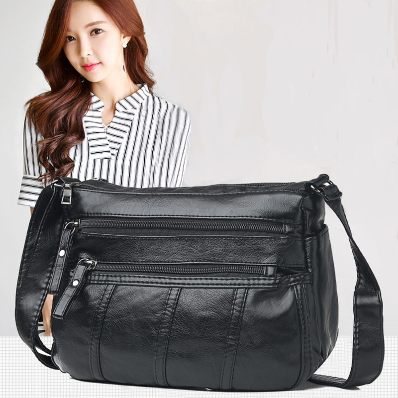Shoulder bag female 2021 new fashion all-match messenger bag soft leather texture multi-layer simple middle-aged lady mother bag