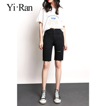 Black denim shorts womens high waist 2021 summer thin five-point skinny slim fur straight straight middle pants