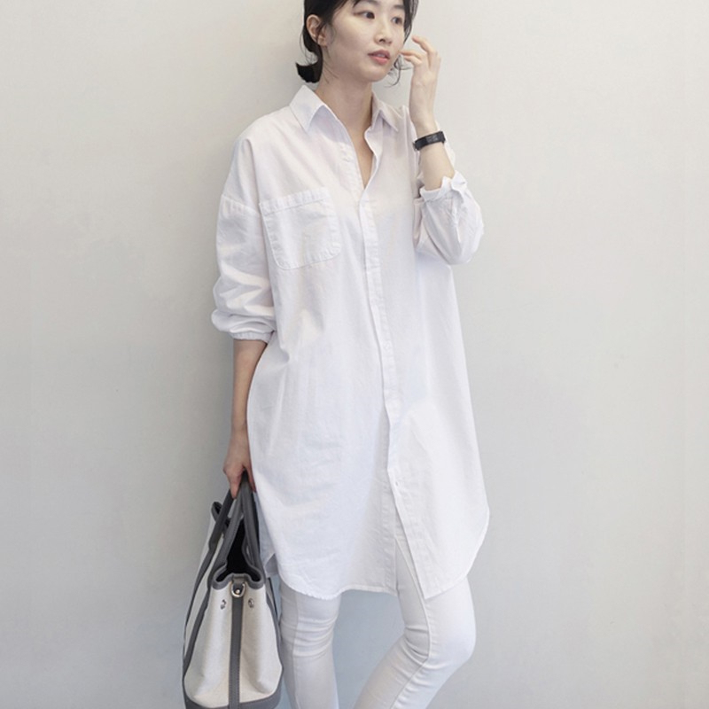 South Korea Dongdaemun 2026 Autumn Pure Cotton Loose Bf Style Mid-Length White Shirt Women's Plus Size Long-Sleeved Shirt