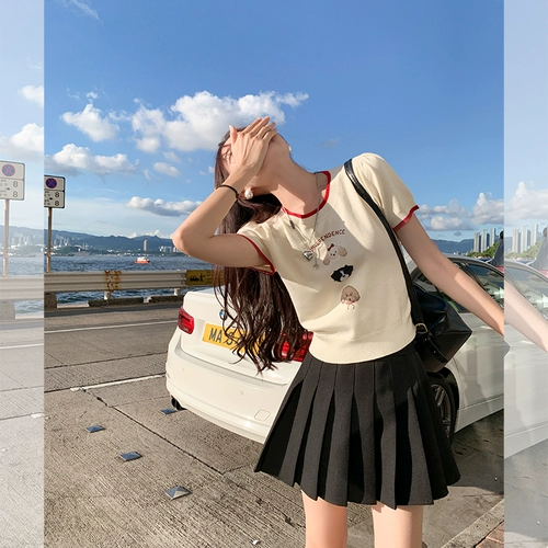 曾小咸 Черная цветная летняя универсальная юбка в складку, мини-юбка, высокая талия