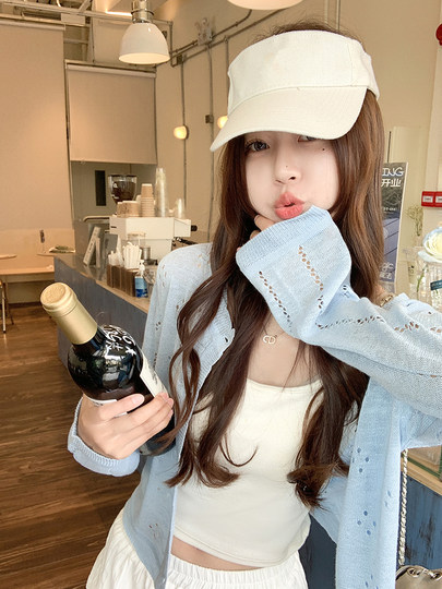 Zeng Xiaoxian Korean Style Early Autumn Outfit Blue Hollow Knit Cardigan Women's Thin Camisole Outerwear Short Jacket Top