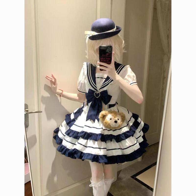 Original Design Summer College Style Cute Sailor Navy Collar Bowknot Cake-Style Puffy Lolita Dress