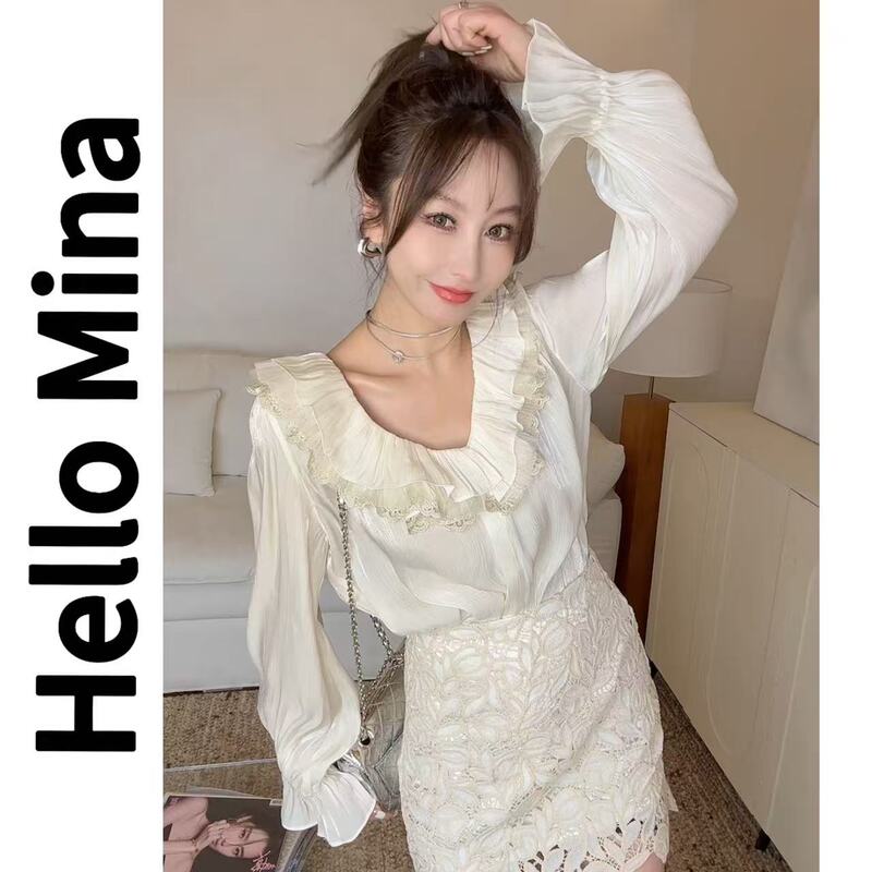 25581"Life Shirt" New Fashion Lace Pleated Ruffle Shirt
