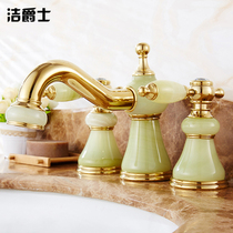 European all-copper natural jade three-hole Basin hot and cold faucet bathroom cabinet marble rose gold faucet