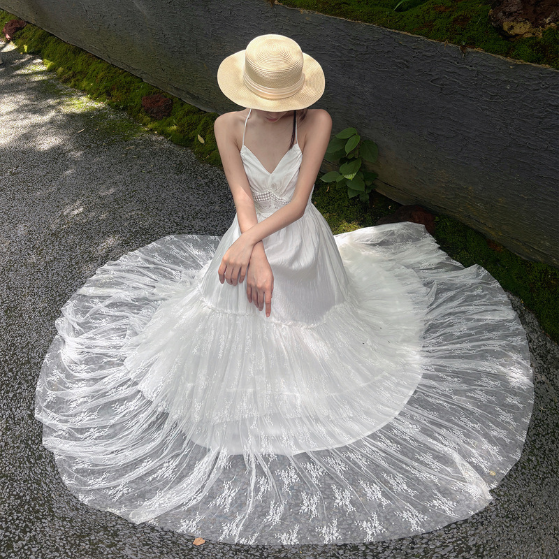 French-Style Lace Strap Beach Vacation Dress, Island Travel Photo Shoot White Backless Long Dress, Beach Dress French-Style Lace Strap Beach Vacation Dress, Island Travel Photo Shoot White Backless Long Dress, Beach Dress
