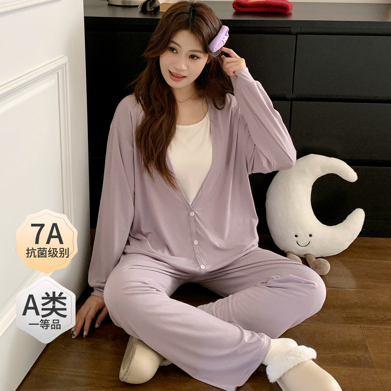Modal Postpartum Clothing Summer Simple Solid Color 10A Antibacterial Maternity Pajamas Plus Size Nursing Two-Piece Set 7