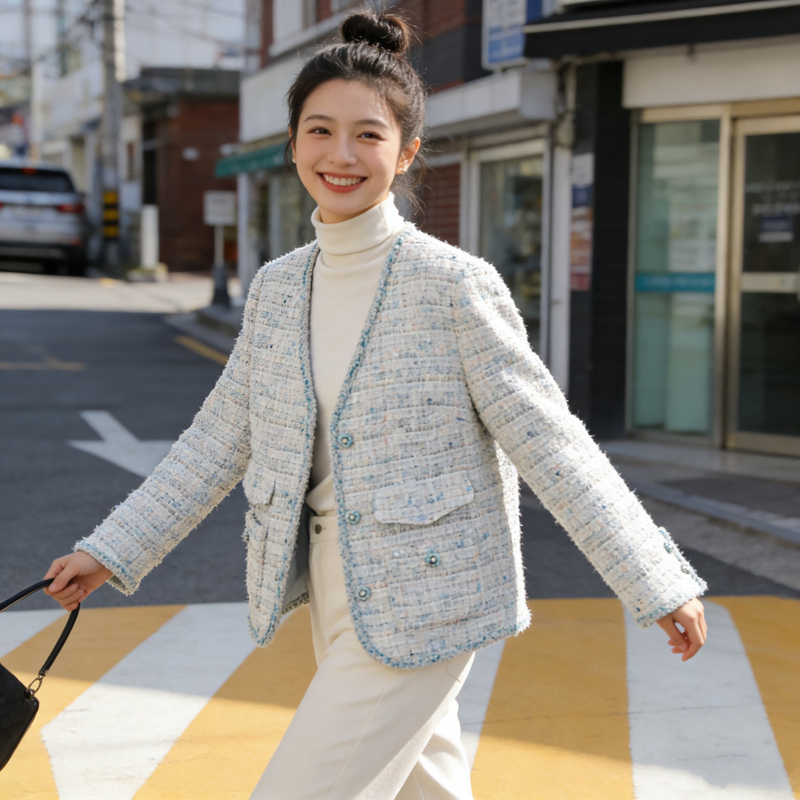 2026 Spring and Autumn New V-Neck Tweed Jacket for Women, Short Style for Petite Figures, Lightweight and Versatile, Slimming Korean Style