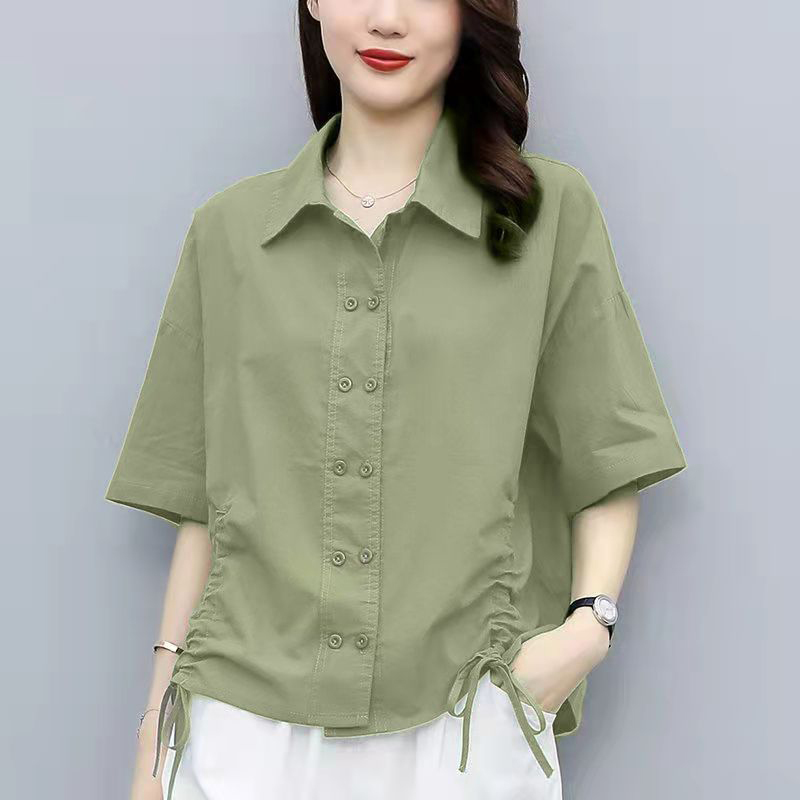 Cotton Shirt Korean T-Shirt Women's Cotton and Linen Loose Slimming Pleated Shirt Double-Breasted Polo Shirt Short-Sleeved Top