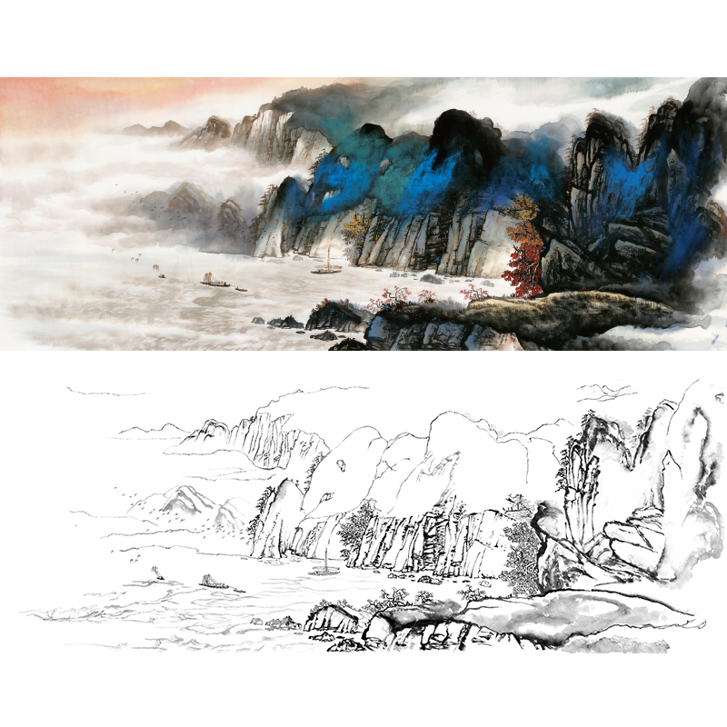 Gongbi white drawing manuscript banner large landscape boat traditional Chinese painting manuscript physical printing copy line FS13