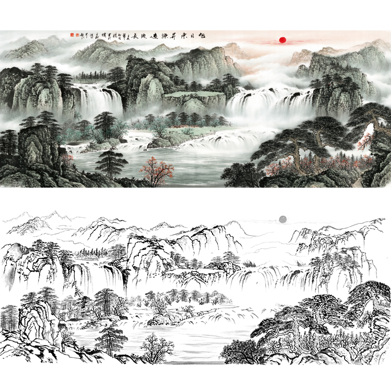 Gongbi painting banner landscape white drawing manuscript rising sun east large scale traditional Chinese painting copy physical printing line draft FS12
