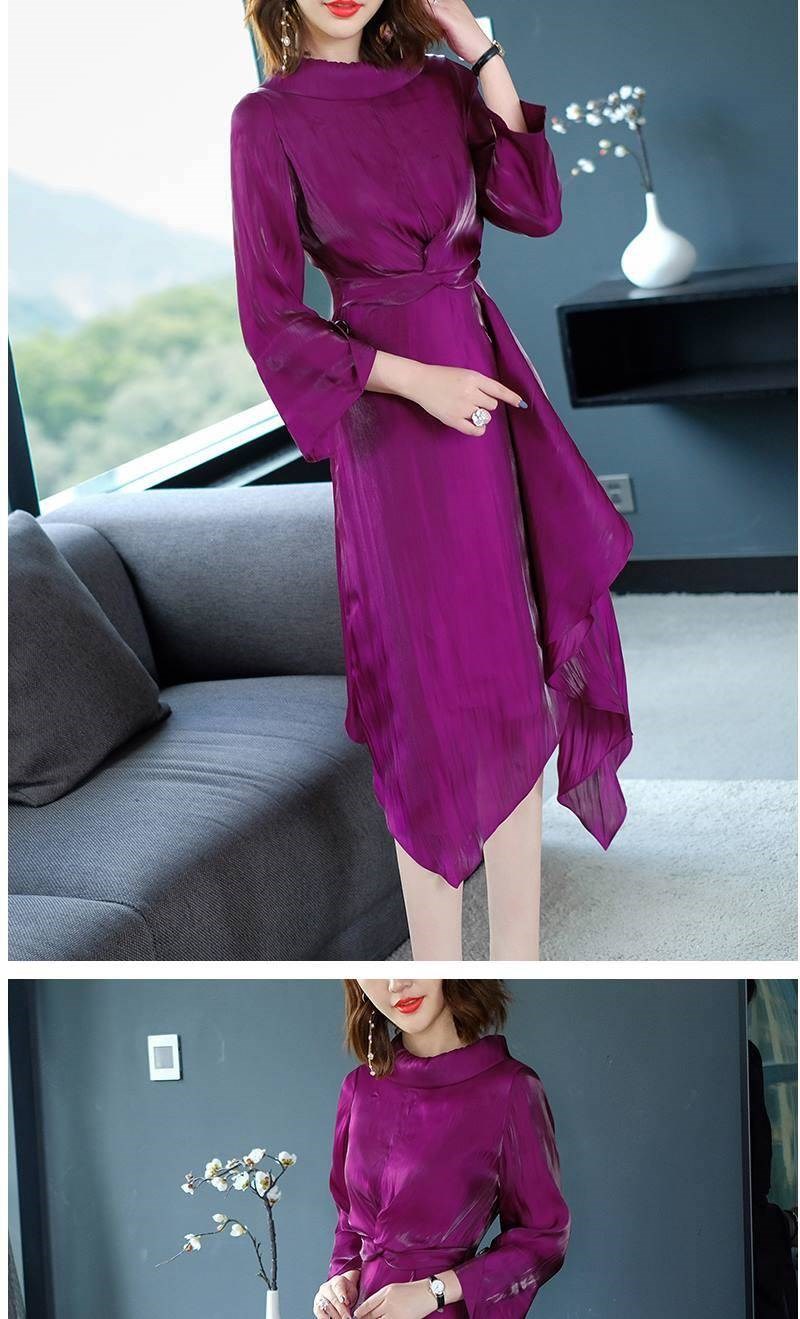 Mùa thu 2019 mới đầm tím nữ dài phần chín điểm tay áo thanh lịch Slim Một váy chữ nữ triều - A-Line Váy đầm xòe