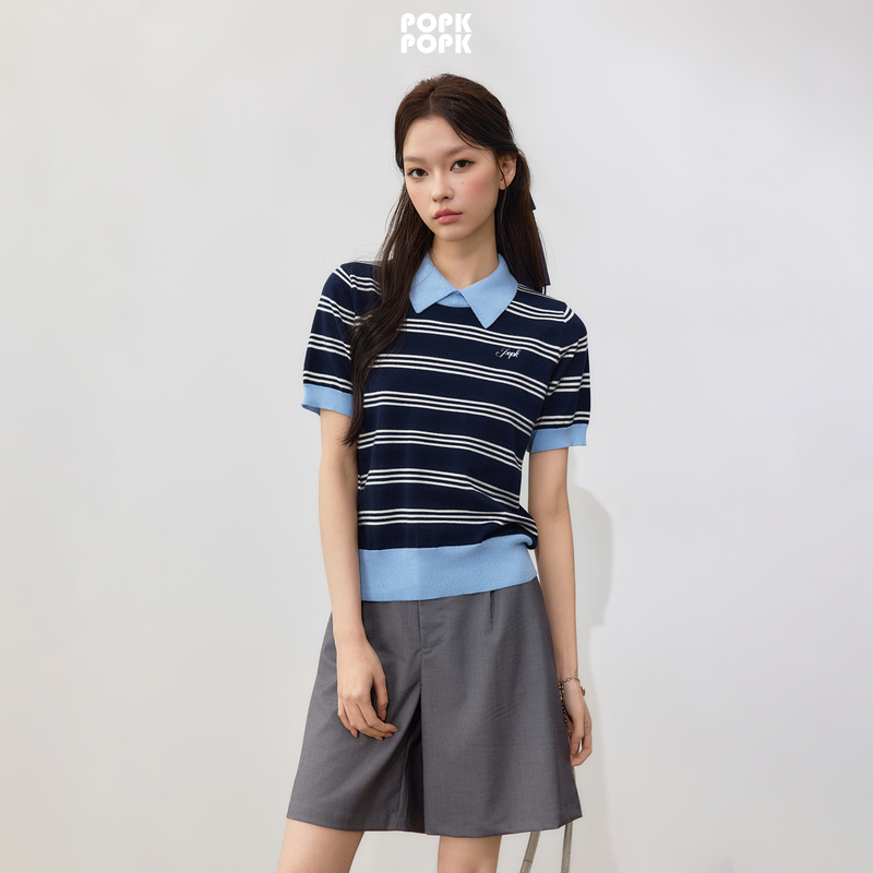 Popk2026 Summer New Style Preppy Color-Block Striped Polo Collar Short-Sleeve Knit Top Slim Fit Slimming Blouse for Women