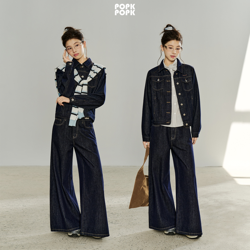 Popk2026 Autumn New Denim Suit Autumn Short Jacket Wide Leg Pants Two-Piece Set Vintage Fashion Women