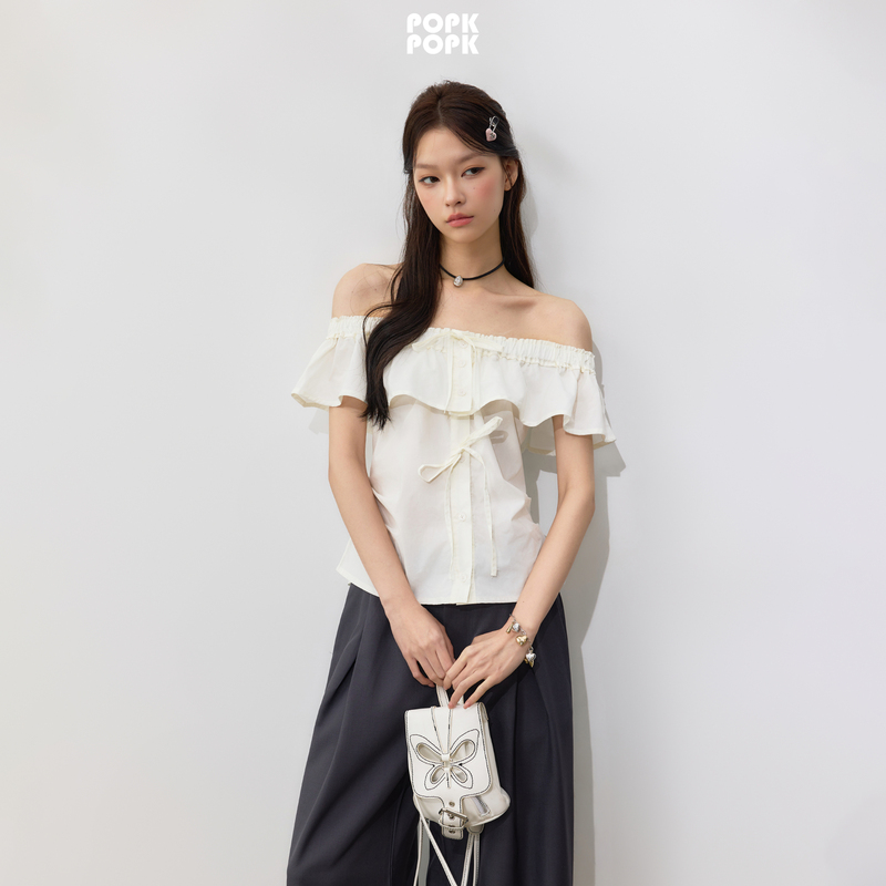 Popk2026 Summer New Sweet Girly Style One-Shoulder Puff Sleeve Top Daily Simple Off-Shoulder Shirt for Women Popk2026 Summer New Sweet Girly Style One-Shoulder Puff Sleeve Top Daily Simple Off-Shoulder Shirt for Women