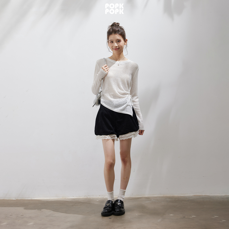 Popk2026 Spring Versatile Drawstring Round Neck Blouse Knitted Hollow See-Through Casual Long-Sleeve T-Shirt Loose Slimming Women's Top