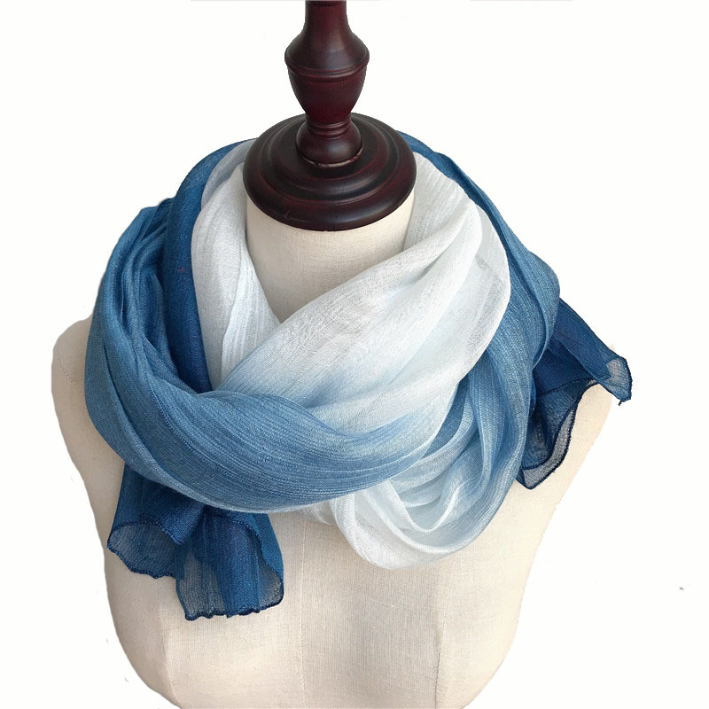 Silk cotton spring and autumn thin hanging dye gradient blue scarf imitation plant dyeing blue dyeing silk scarf versatile literary and artistic women