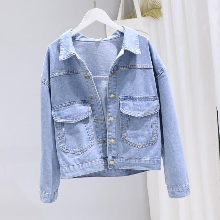 Denim jacket ngắn mùa xuân 2020 mới của Hàn Quốc phiên bản đơn hàng khóa sinh viên túi lớn bf denim tươi nhỏ