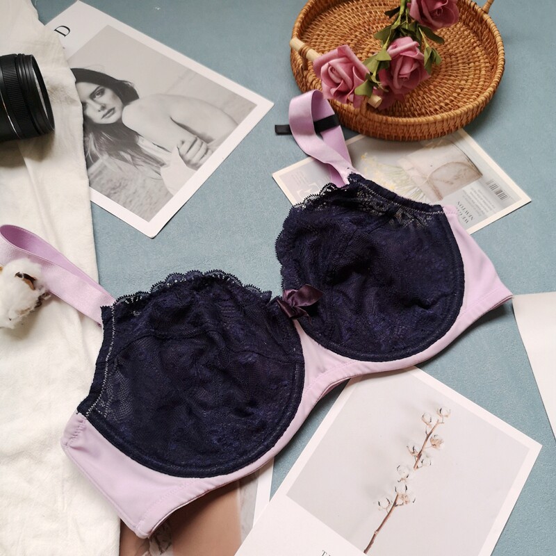 Xiaofen ultra-thin bra big breasts small sexy and comfortable small breasts blue large size lace European and American underwear with steel ring