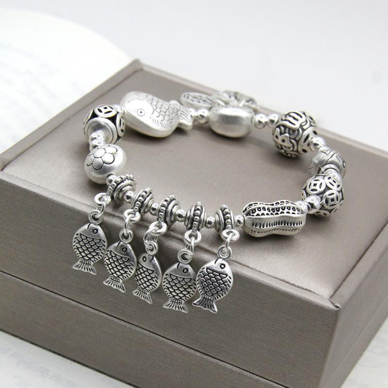 Traditional Style Bracelet with Multiple Elements, Heavy Metal, Five Small Fish, Elephant, Elastic Bracelet, Lotus Bracelet for Women