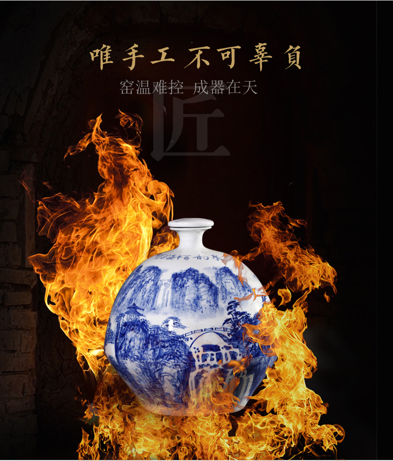 Jingdezhen ceramic hand - made mercifully bottle 5 jins of blue and white porcelain 10 jins 30 jins home wine pot seal wine jar