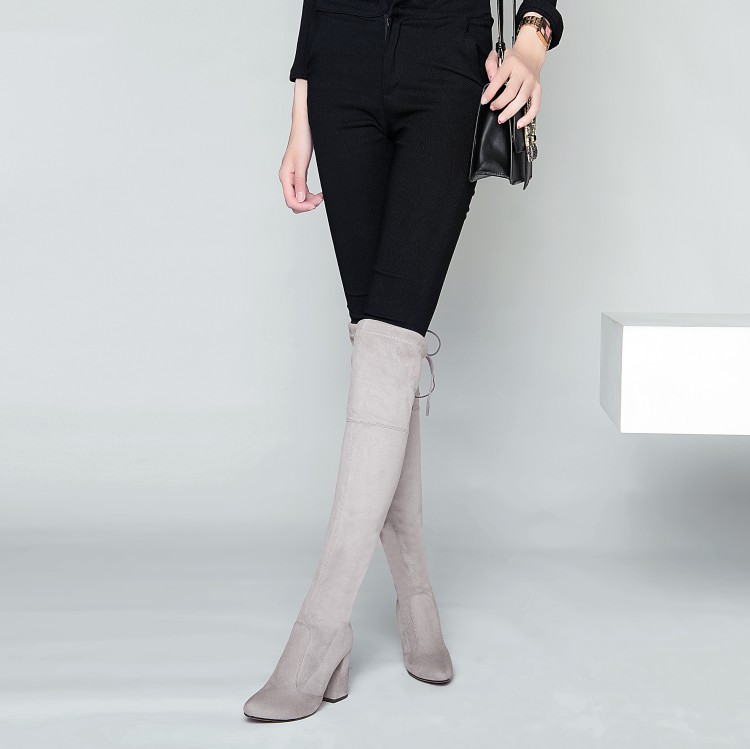 Rượu vang lạc đà màu đỏ xám lớn màu đỏ đôi giày cưới cao gót trên đầu gối đàn hồi giày thun nữ cỡ lớn 40-43 HZH bốt nữ