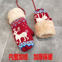 ins little deer cotton gloves winter ladies cute plus suede thickened Korean version cartoon hanging neck student riding Christmas warm