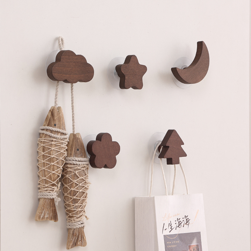 Solid Wood Hook, Black Walnut Color, Adhesive Hook for Entryway, Creative Coat Hook Behind the Door, No-Drill Wall-Mounted Coat Rack