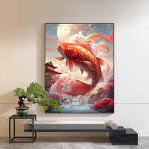 Fish leaping over the dragons gate decorative painting entrance hand-painted oil painting new Chinese style living room restaurant lucky koi red carp hanging painting