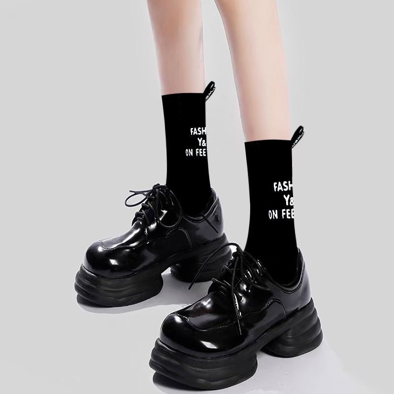 Heel Label Letter Socks Solid Color Unisex Internet Celebrity Style Couple Ribbed Mid-Calf Socks Street Style Trendy Cotton Socks