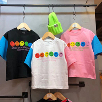 Korean male clothing 2021 new color stitching short sleeve T-shirt fashion smiley face pattern female baby child half sleeve