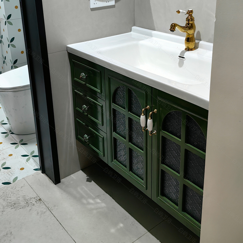 French Retro Bathroom Cabinet Combination Avocado Green Ceramic Basin Bathroom Washbasin Cabinet Bathroom Washbasin Cabinet