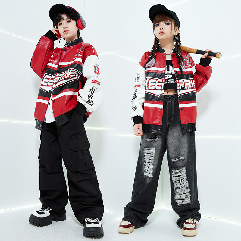 Street dance Children's boomer hip hop locomotive clothes leather clothes boy suit hiphop children's clothes to take on the show ladies Sir-Taobao