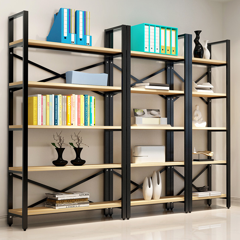 Simple steel-wood bookshelf bookshelf combination bookcase Simple multi-layer shelf Floor shelf shelf custom