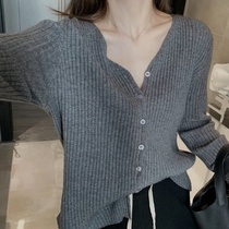  2021 spring new womens gray jacket short top inner bottoming shirt loose lazy knitted cardigan