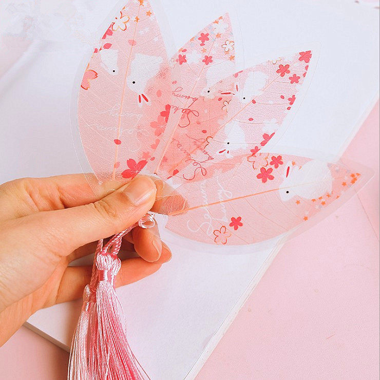 Creative Cute Cartoon Cherry Blossom Rabbit Leaf Vein Bookmark Brief art Little Qing New leaf Flow Suclassical China Wind