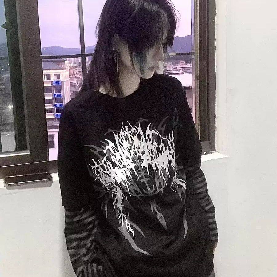 Subculture Rock Dark Gothic Style Y2K Faux Two-Piece Long-Sleeve T-Shirt Autumn Unisex Loose Slimming Top for Men and Women