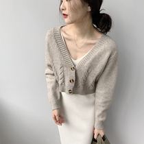 Ultra-short high waist thin rubber flower sweater womens 2020 spring new single-breasted knitted cardigan twist small jacket