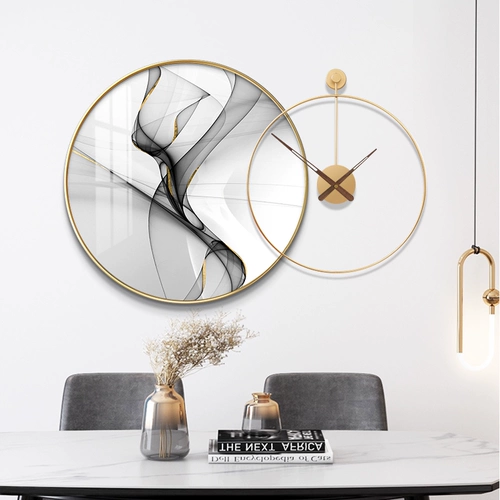 Современный минималистский ресторан, декоративная живопись, круглые часы, комбинация, подвесная картина, креативная минималистичная гостиная, обеденный стол, фон, настенная роспись