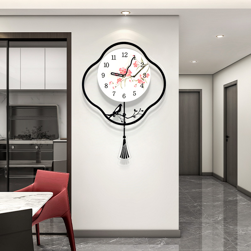Living room wall clock Chinese flower and bird painting modern simple clock painting TV background wall hanging watch decorative painting with clock