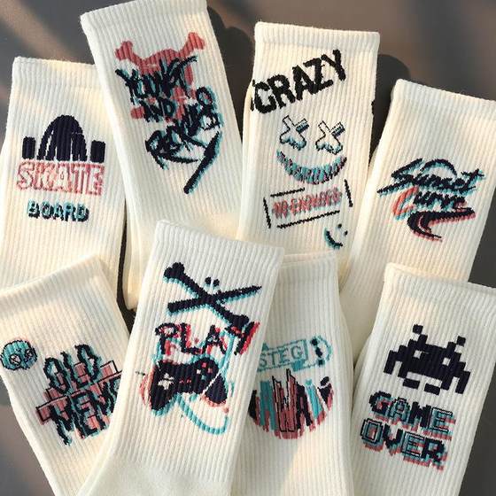 Graffiti men's ins trendy versatile high-looking mid-length autumn student sports basketball long-tube trendy men's stockings spring and autumn styles