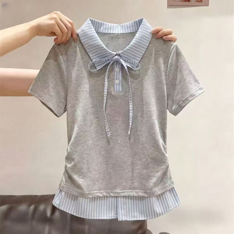 Girls' Summer Popular Short-Sleeved T-Shirt, Fake Two-Piece Polo Collar, New Style, Preppy Style, Junior High School Student Top, Half-Sleeve T-Shirt