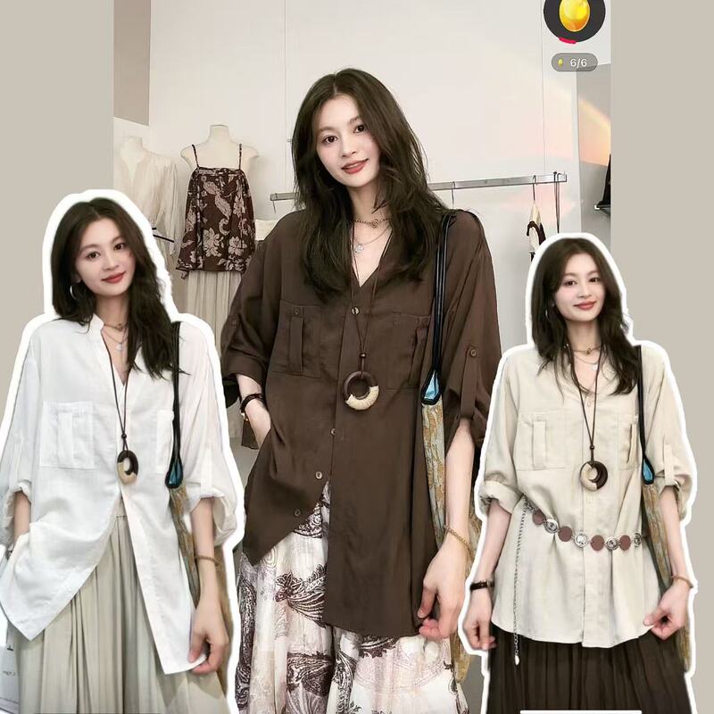 Xibei'Er [Geometry Geo] 05.11 Old Money Lazy Style Summer Versatile Long-Sleeve Shirt Women G8062