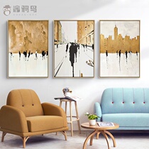 T yaniao pure hand-painted architectural figures gold foil abstract oil painting living room background wall decoration triple streetscape painting
