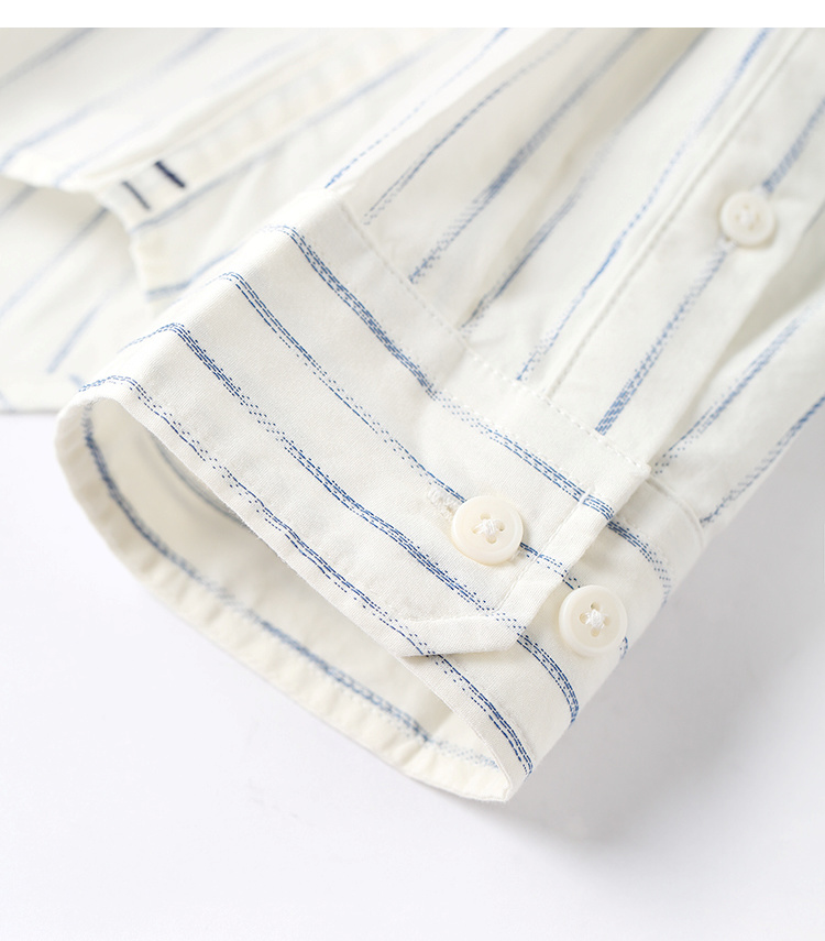 Áo sơ mi sọc cotton nam mùa thu mới thả nhỏ thả vai sợi nửa cửa 襟 Cổ áo đứng dài tay áo thủy triều - Áo sơ mi kẻ caro