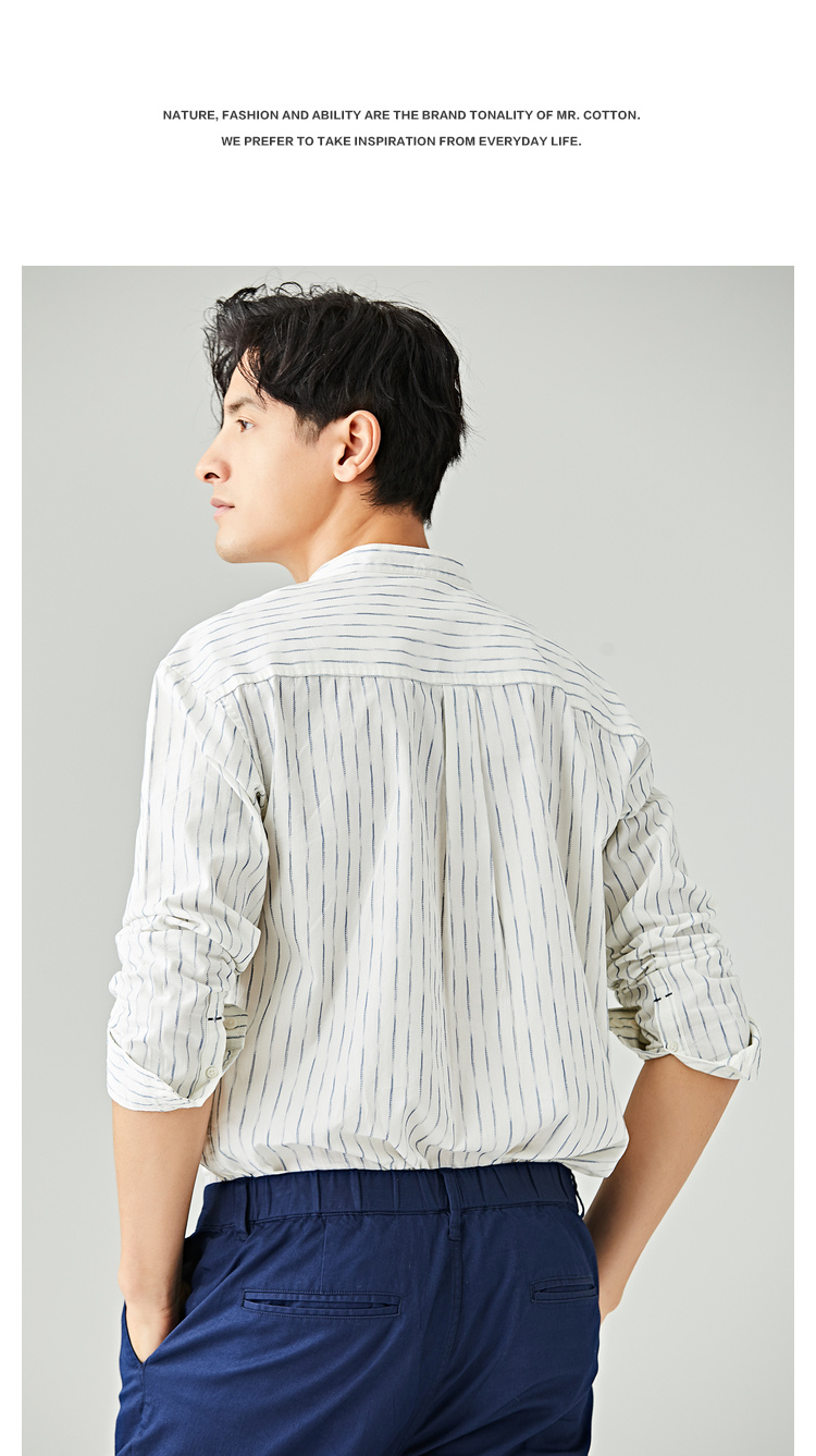 Áo sơ mi sọc cotton nam mùa thu mới thả nhỏ thả vai sợi nửa cửa 襟 Cổ áo đứng dài tay áo thủy triều - Áo sơ mi kẻ caro