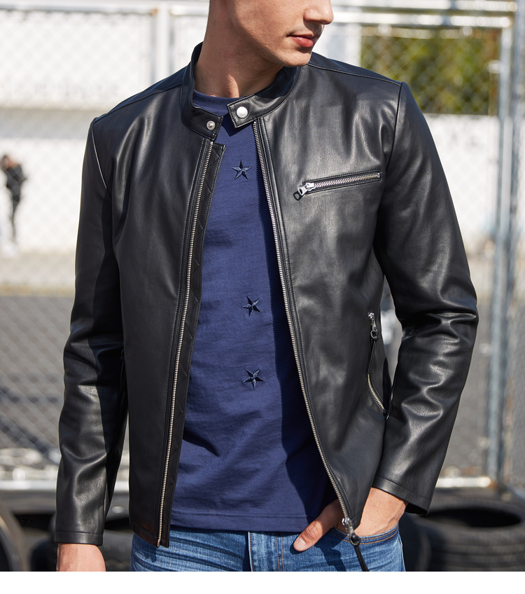 Ông cotton nam cổ áo cổ áo giản dị PU leather jacket nam slim da thanh niên xe máy quần áo của nam giới thường áo khoác