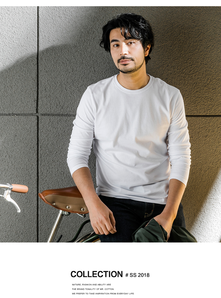 Áo thun cotton tay dài nam cotton cotton đáy quần áo cổ tròn sanding trắng từ bi quần áo mùa thu thủy triều áo phông rộng nam