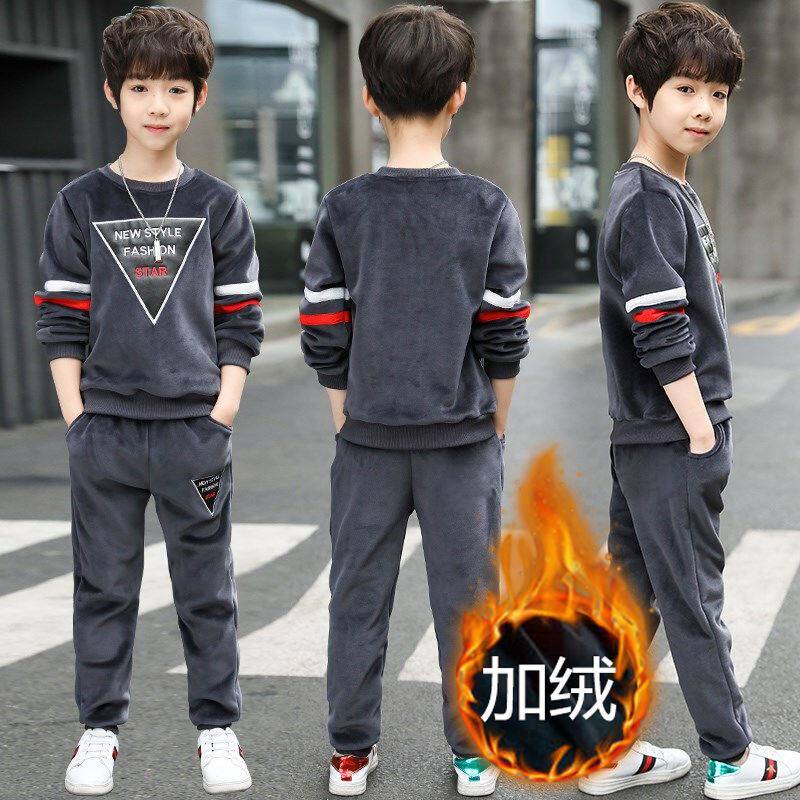 Boy set 2021 New thick child winter clothes fever pants foreign style sports set plus velvet two-piece set