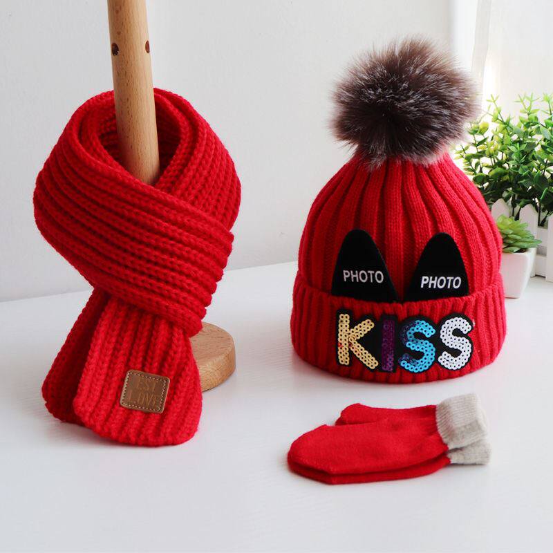 Baby hat scarf gloves three-piece set of boys and girls autumn winter wool hat children plus velvet cute warm hat tide