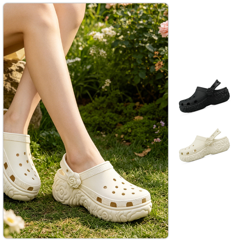 Crocs New Women's Shoes Classic Cloud Flower Clog Thick-Soled Clog Sandals Wedge Beach Shoes 213447